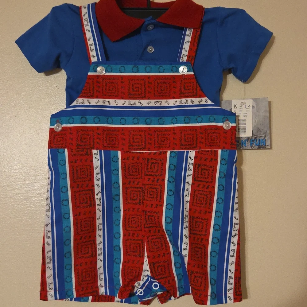 NWT 90s Vintage Kmart Colorful Baby Romper Playsuit Red & Blue Stripes 18 Months